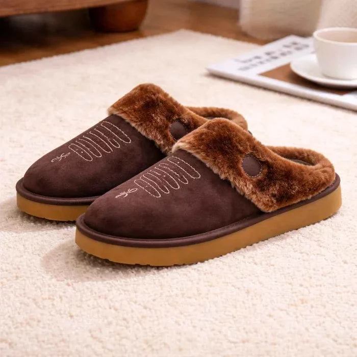 Unisex Thermal Leather House Slippers – Warm Fur Lined Slip-On Winter Indoor Shoes, EVA Sole, Sizes 6–13