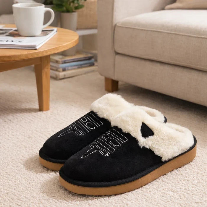 Unisex Thermal Leather House Slippers – Warm Fur Lined Slip-On Winter Indoor Shoes, EVA Sole, Sizes 6–13