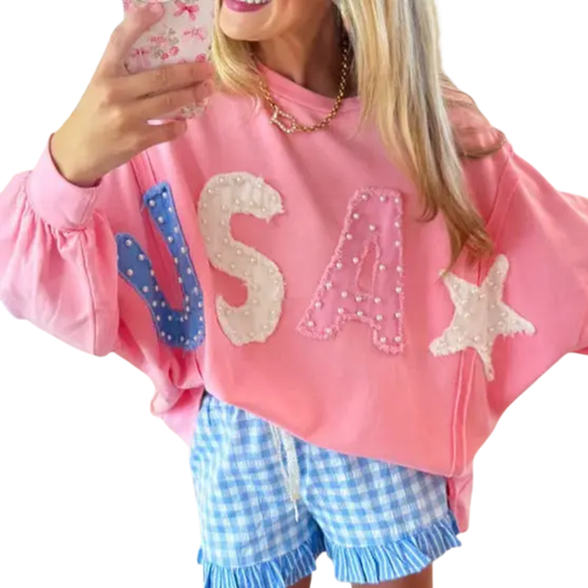 USA Pearl Letter Patch Pink Oversized Sweatshirt