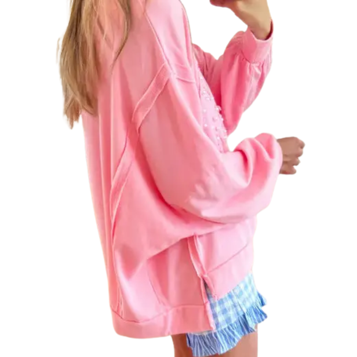 USA Pearl Letter Patch Pink Oversized Sweatshirt
