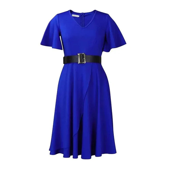 V Neck High Waist Loose Plus Size Dress with Asymmetric Hem - Allen-Fitness