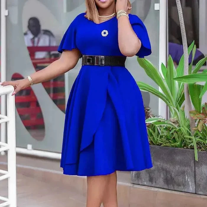 V Neck High Waist Loose Plus Size Dress with Asymmetric Hem - Allen-Fitness