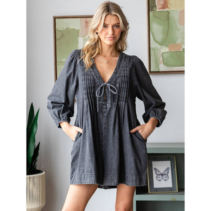 V-neck Puff Sleeve Denim Romper