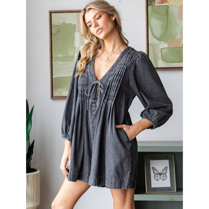 V-neck Puff Sleeve Denim Romper