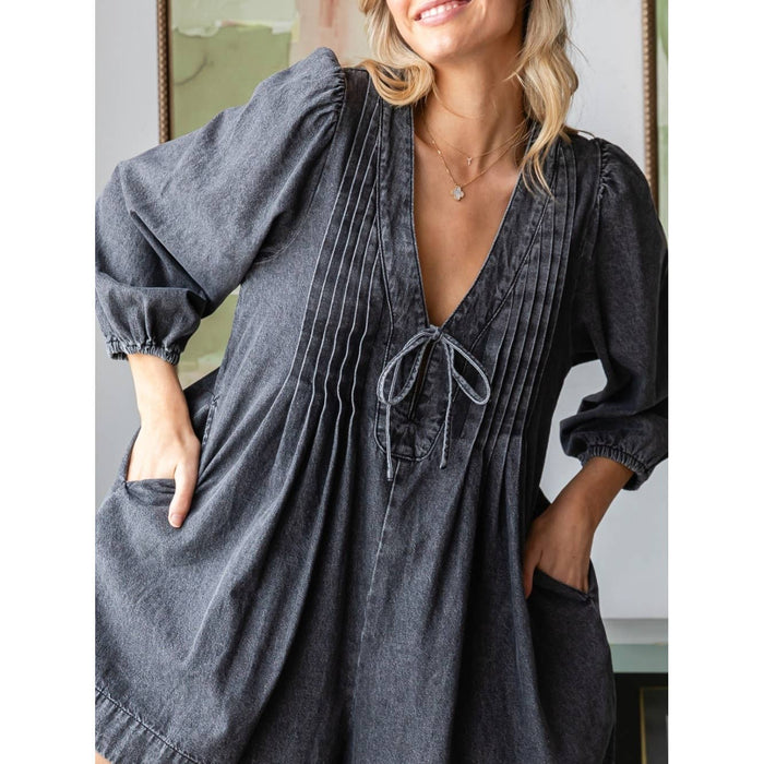 V-neck Puff Sleeve Denim Romper