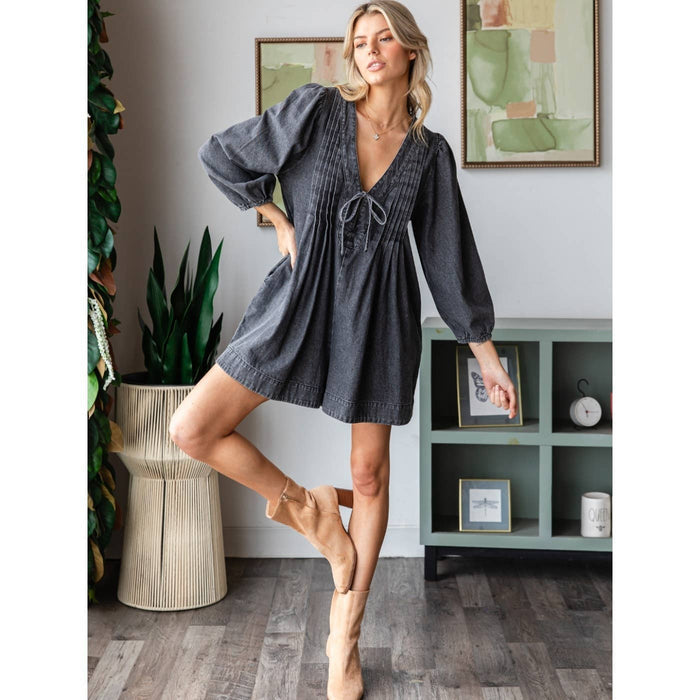 V-neck Puff Sleeve Denim Romper
