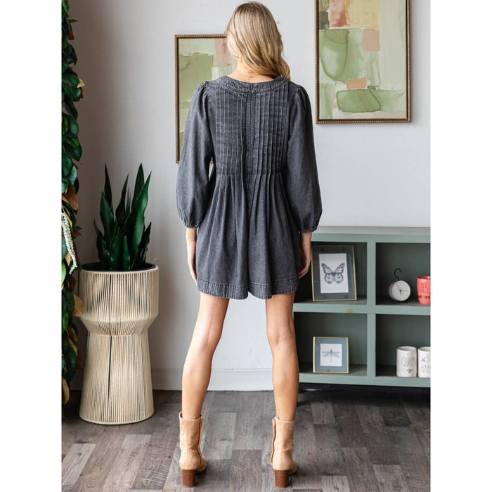 V-neck Puff Sleeve Denim Romper