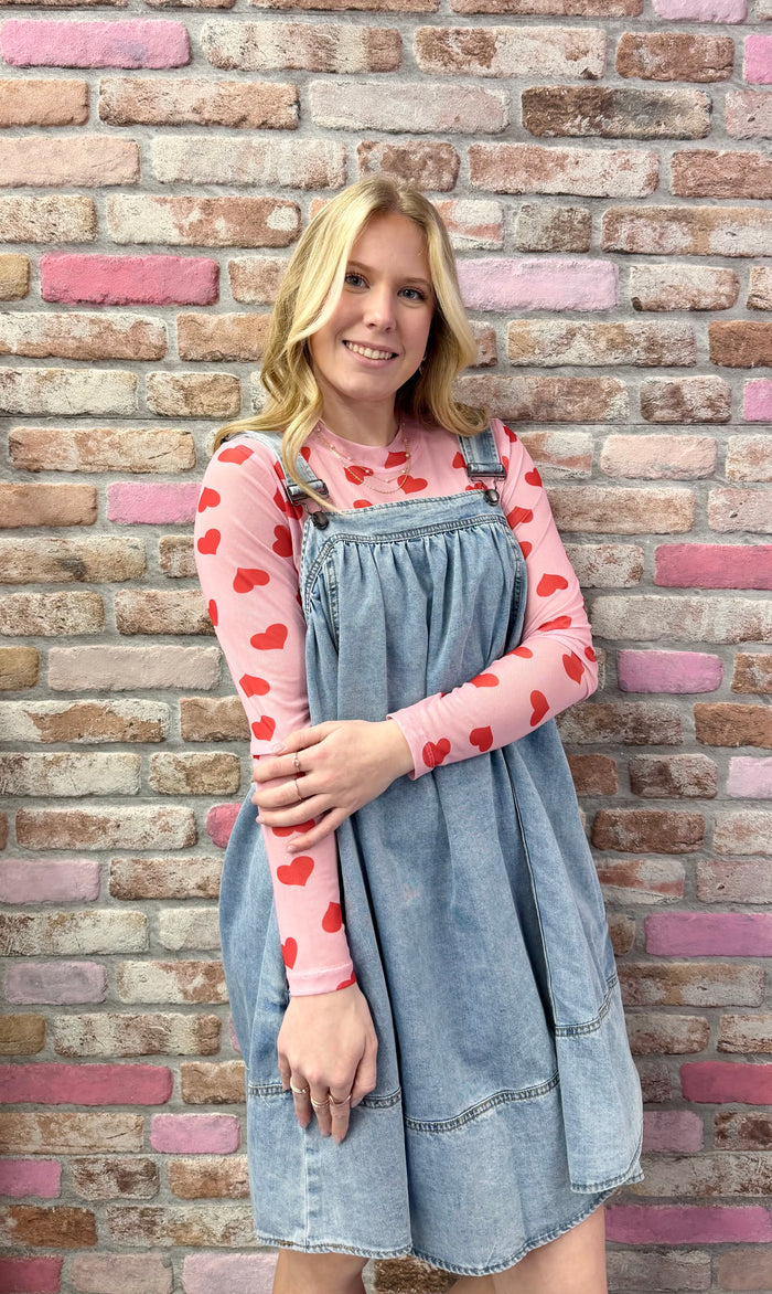 Valentines Heart Mock Neck Sheer Mesh Long Sleeve Top