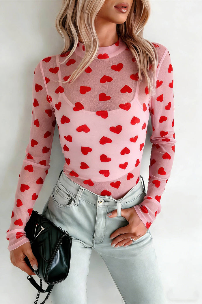 Valentines Heart Mock Neck Sheer Mesh Long Sleeve Top