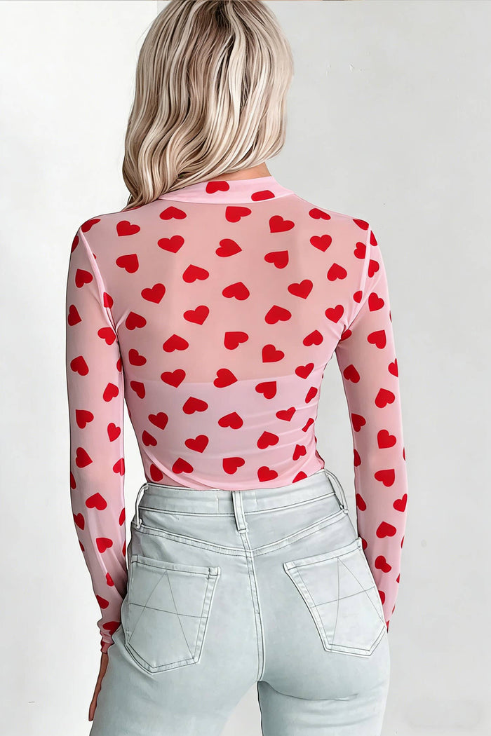 Valentines Heart Mock Neck Sheer Mesh Long Sleeve Top