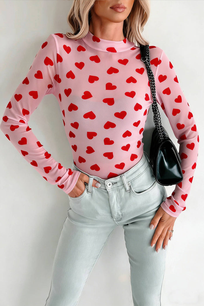 Valentines Heart Mock Neck Sheer Mesh Long Sleeve Top