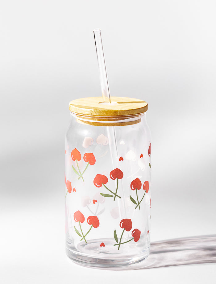 Verre à paille cerises avec couvercle