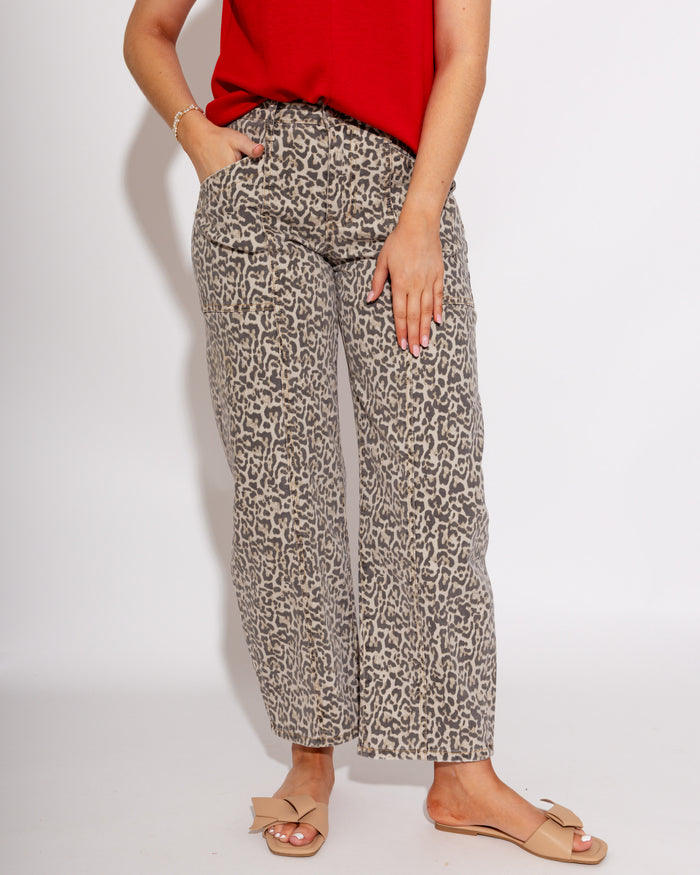 Vervet leopard print high rise barrel jeans, statement denim front view at Gaudie & Co