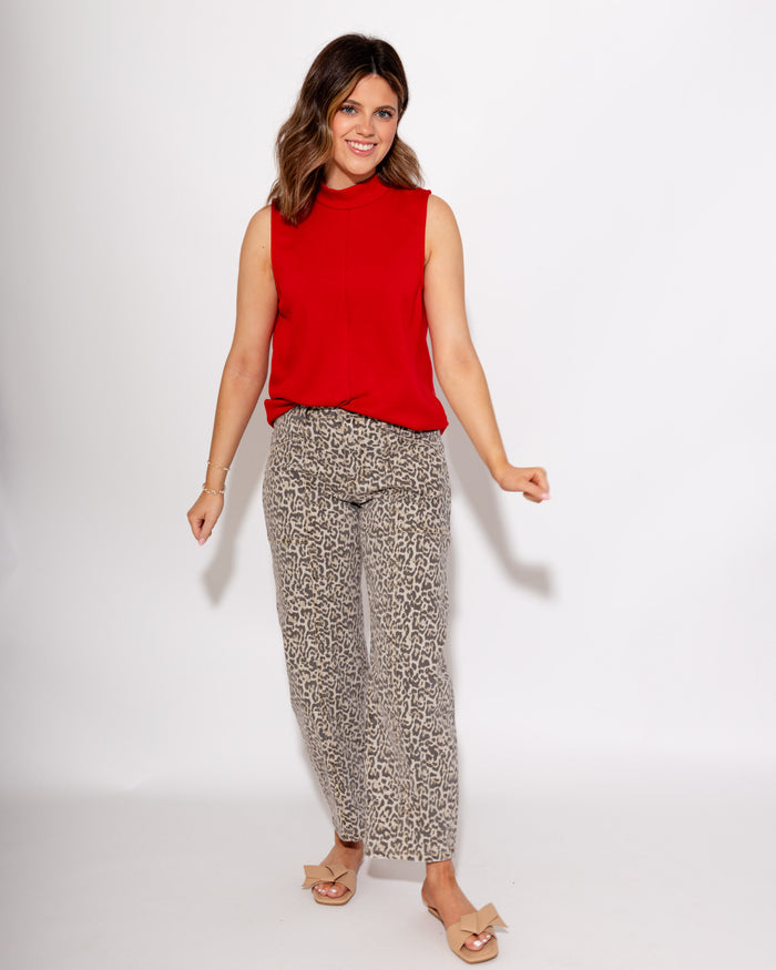 Vervet leopard print barrel jeans detail view showing utility-inspired design, Gaudie & Co