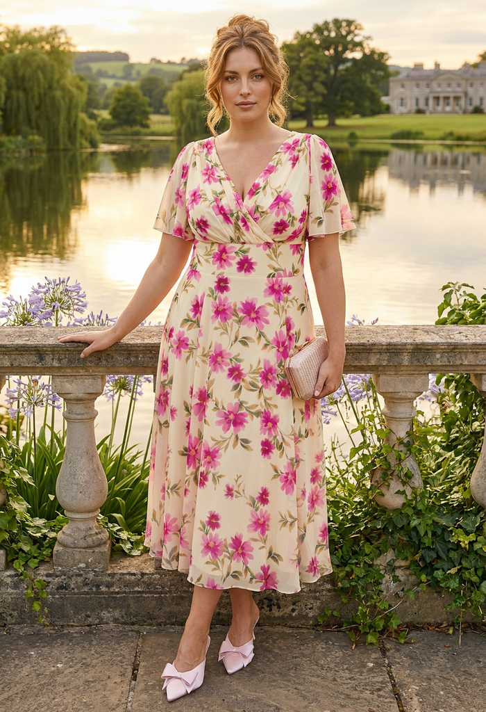 Victoria Angel Sleeve Mesh Midi Curve+ Dress