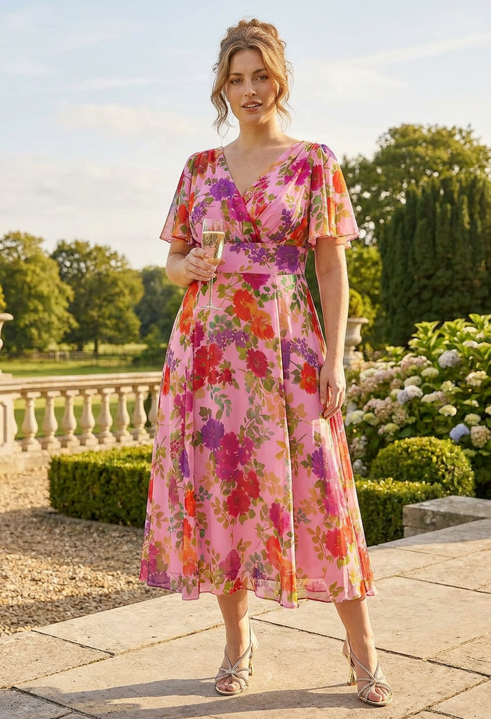 Victoria Angel Sleeve Mesh Midi Curve+ Dress