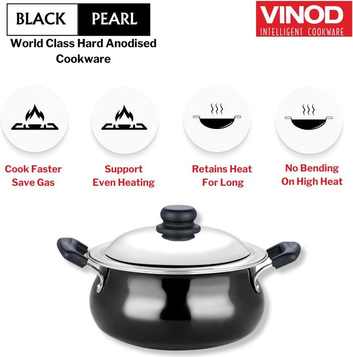 Vinod Black Pearl Hard Anodised Handi with Lid 5.0 Liters Medium