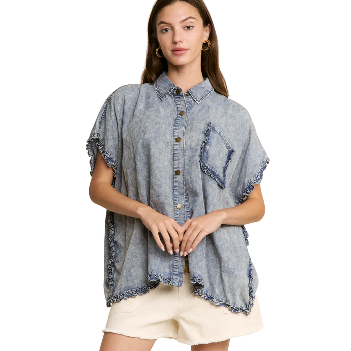 Washed Denim Ruffle Button Top