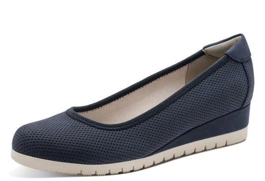 navy wedge ballerina shoe on a white background