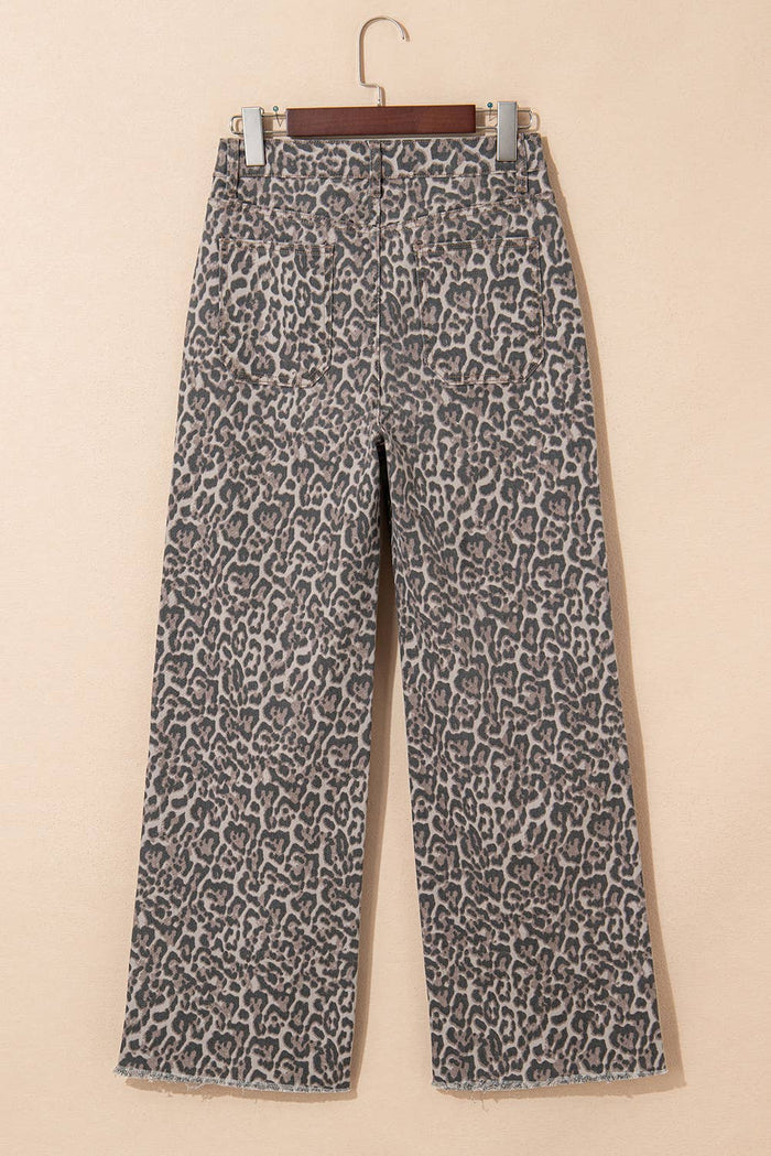 Western Leopard Frayed Edge Wide Leg High Waist Jeans