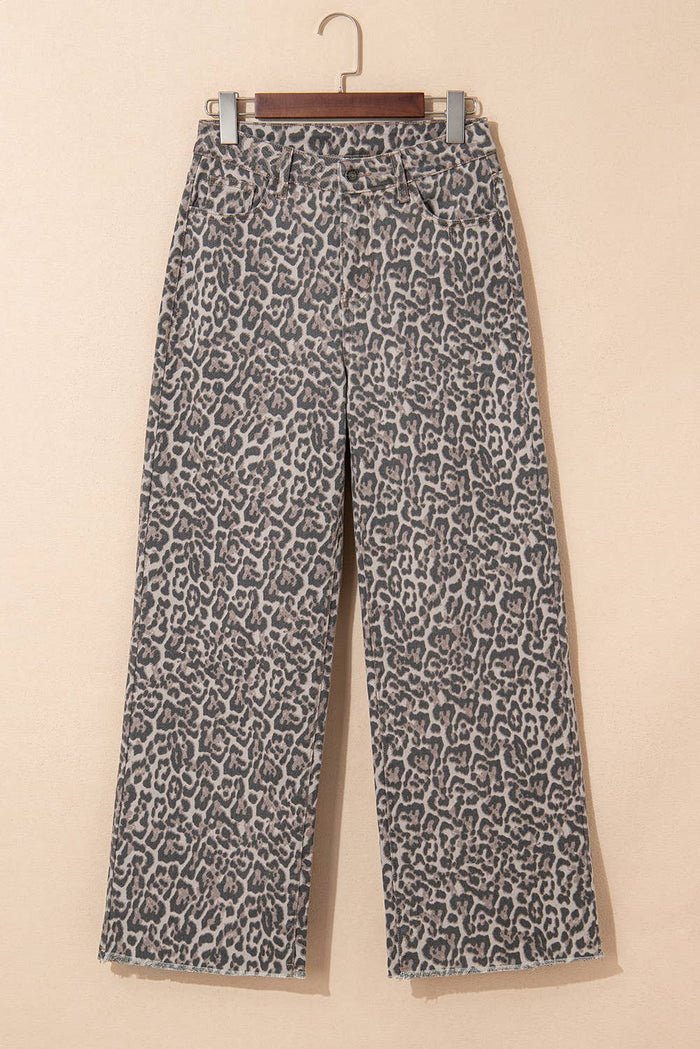 Western Leopard Frayed Edge Wide Leg High Waist Jeans