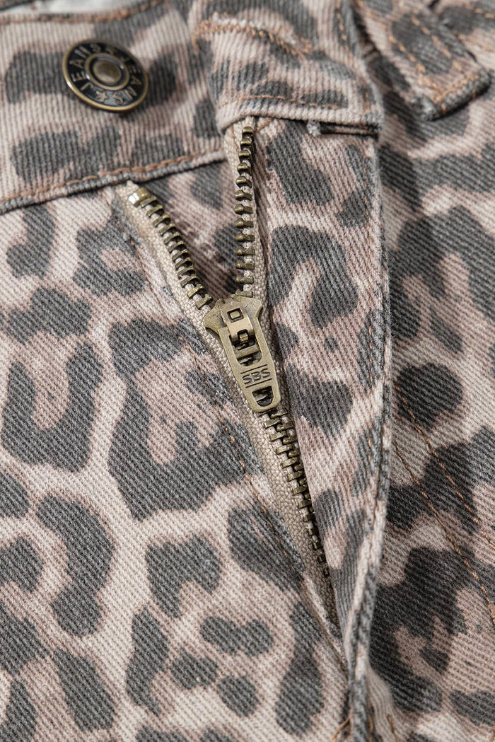 Western Leopard Frayed Edge Wide Leg High Waist Jeans