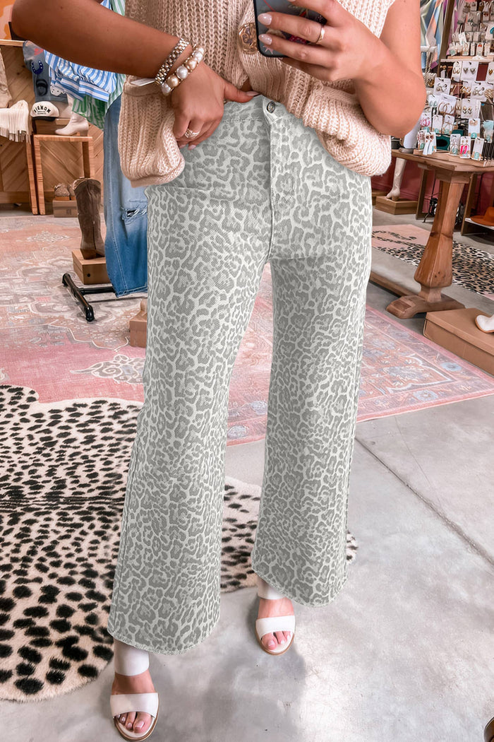 Western Leopard Frayed Edge Wide Leg High Waist Jeans