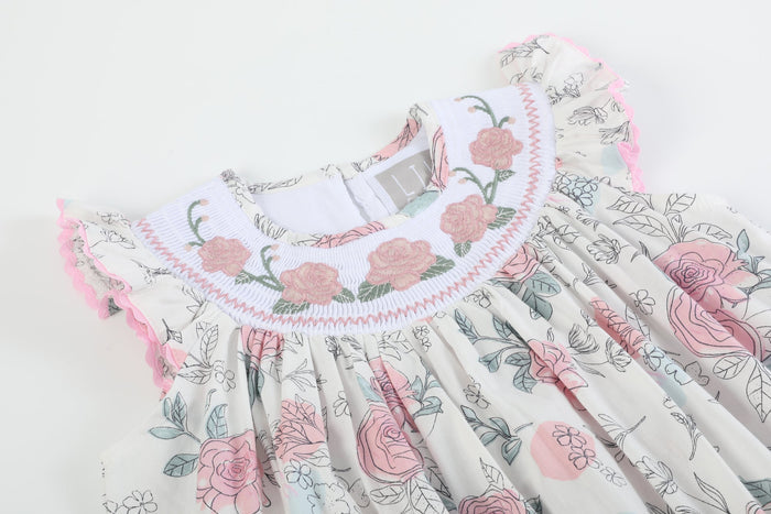 White and Pink Floral Smocked Bishop Dress - Lil Cactus