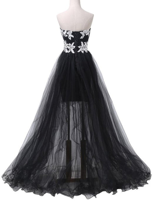 White Lace Black Tulle High Low Prom Dress 2021 Halloween Dress