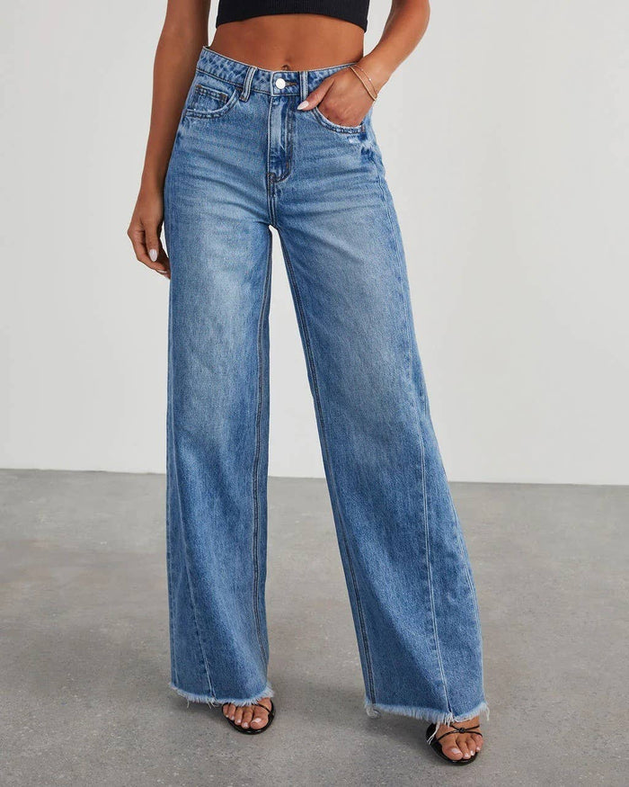 Wide-Leg Patchwork Fringe Hem Jeans