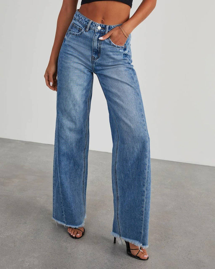 Wide-Leg Patchwork Fringe Hem Jeans