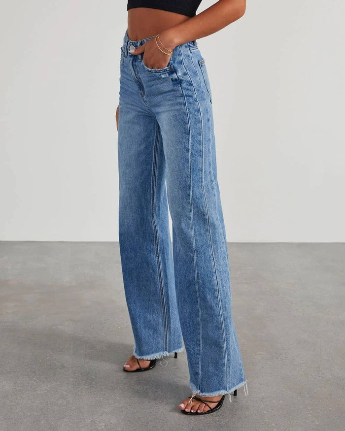 Wide-Leg Patchwork Fringe Hem Jeans