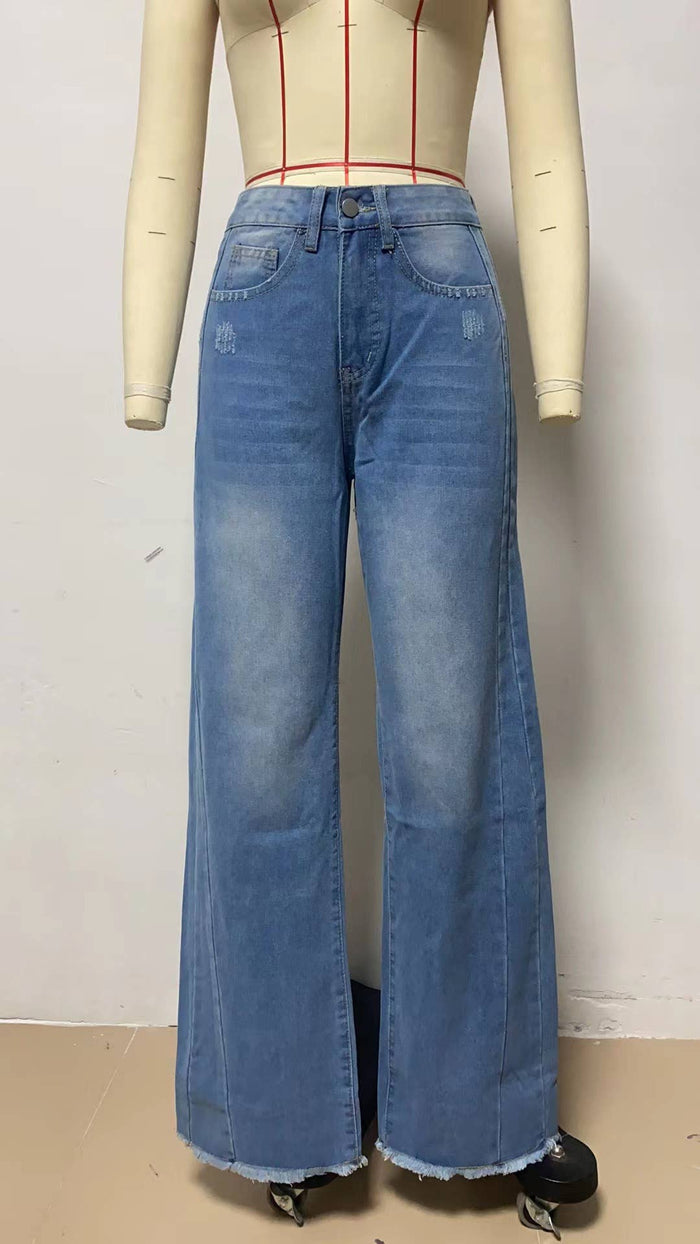 Wide-Leg Patchwork Fringe Hem Jeans