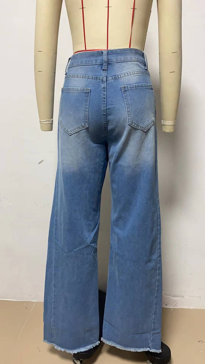 Wide-Leg Patchwork Fringe Hem Jeans