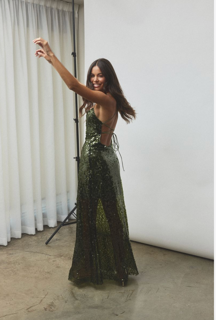 With Harper Lu Backless Gown - Forest Green Sequin