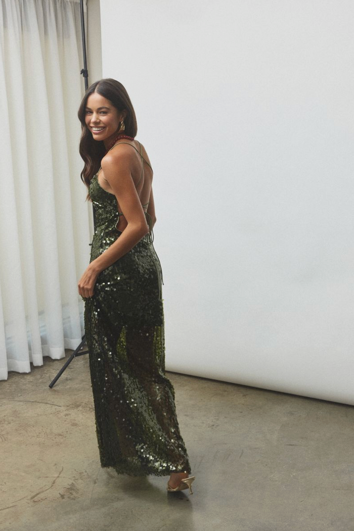 With Harper Lu Backless Gown - Forest Green Sequin