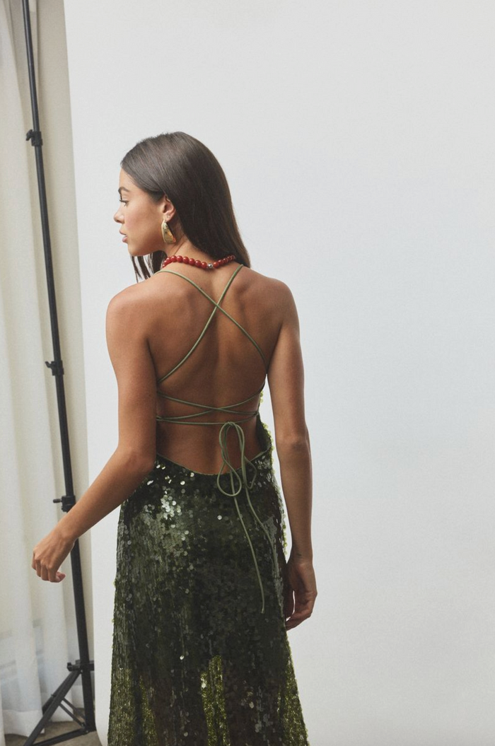 With Harper Lu Backless Gown - Forest Green Sequin