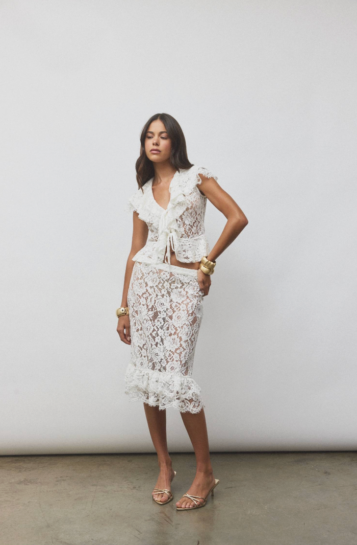 With Harper Lu Frill Cap Sleeve Cardigan - White Lace