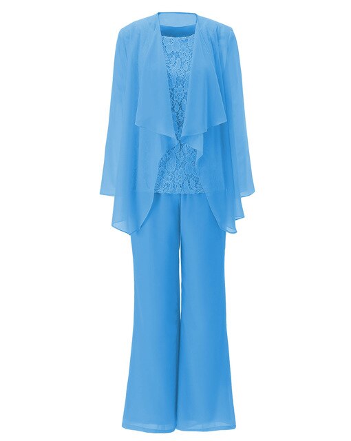 Women 3 Pieces Chiffon Lace Pant Suits Mother of the Bride Dress with Long Sleeves Outfit Jacket