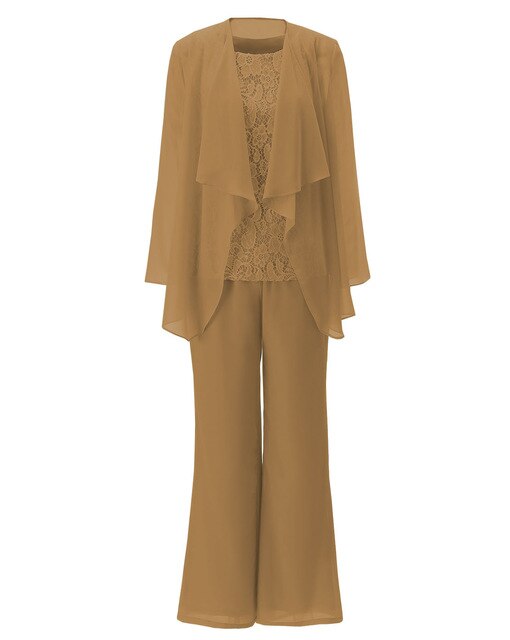 Women 3 Pieces Chiffon Lace Pant Suits Mother of the Bride Dress with Long Sleeves Outfit Jacket