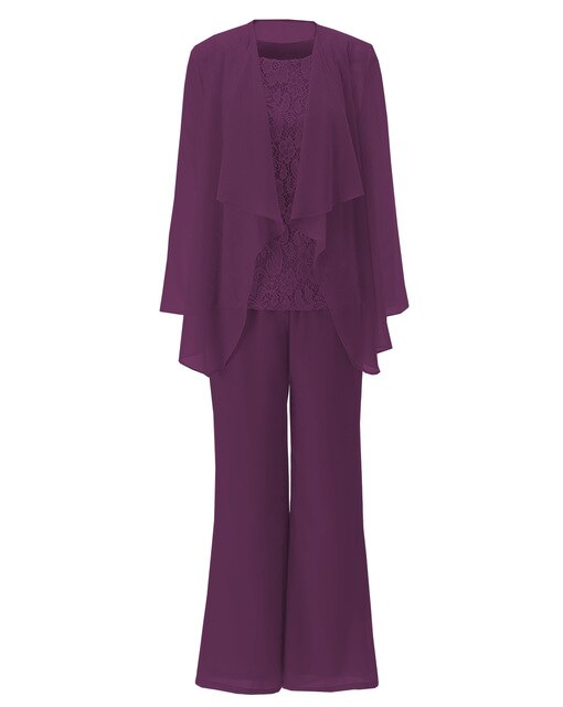 Women 3 Pieces Chiffon Lace Pant Suits Mother of the Bride Dress with Long Sleeves Outfit Jacket
