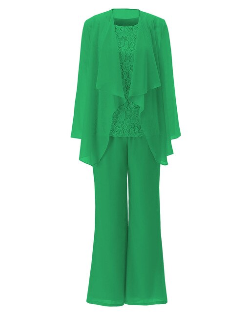 Women 3 Pieces Chiffon Lace Pant Suits Mother of the Bride Dress with Long Sleeves Outfit Jacket