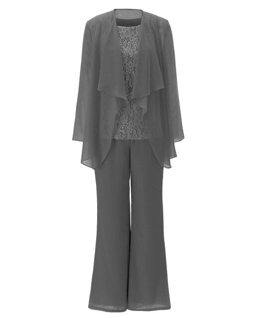 Women 3 Pieces Chiffon Lace Pant Suits Mother of the Bride Dress with Long Sleeves Outfit Jacket