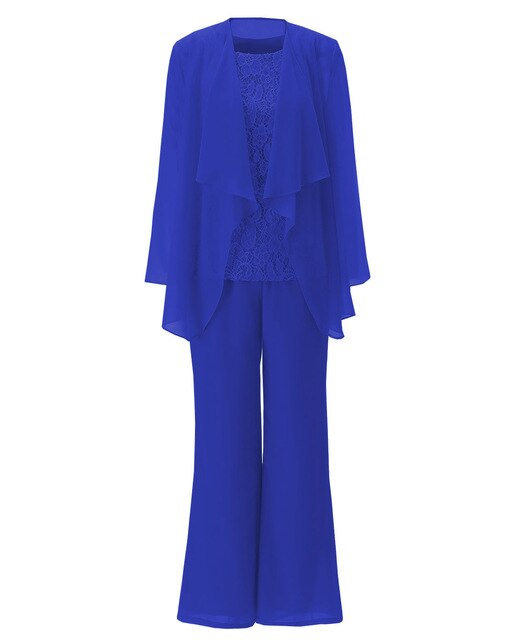 Women 3 Pieces Chiffon Lace Pant Suits Mother of the Bride Dress with Long Sleeves Outfit Jacket