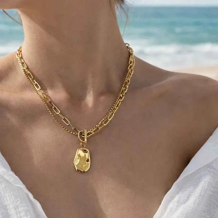 Women Double Layer OT Buckle Titanium Steel Necklace – Irregular Oval Pendant Minimalist Silver Ball Chain