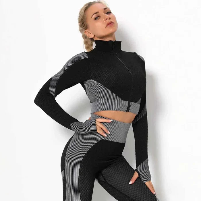 Women High Collar Long Sleeve Fitness Jogger Clothes Running Sportswear with Zipper - Allen-Fitness