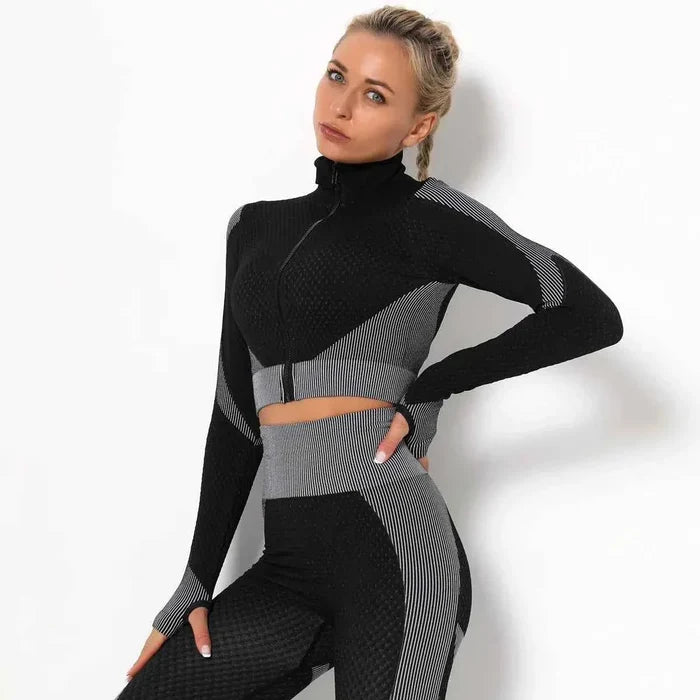Women High Collar Long Sleeve Fitness Jogger Clothes Running Sportswear with Zipper - Allen-Fitness