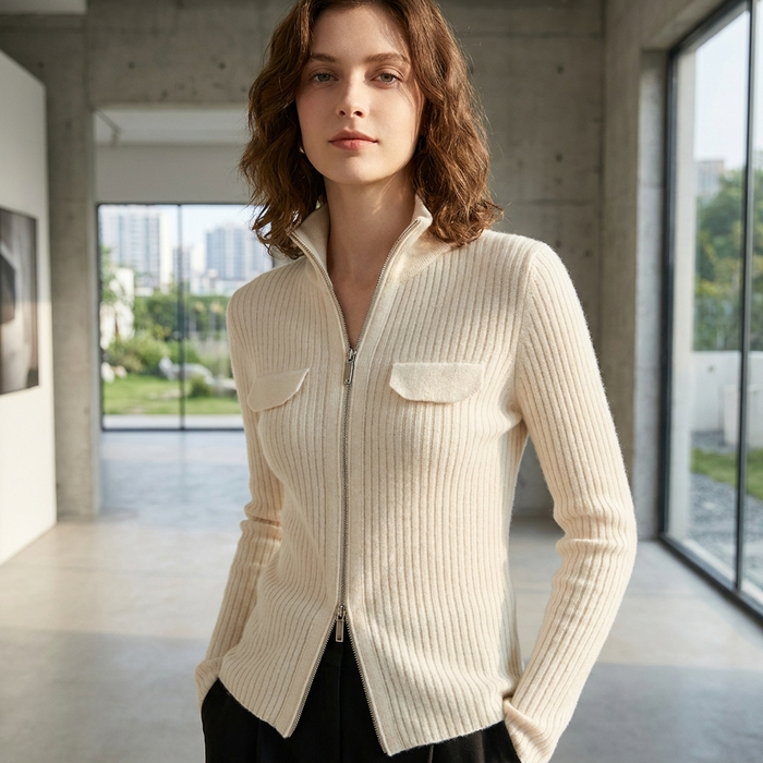 Women Pure Cashmere Knitted Cardigan – Korean Style Slim Fit Half Turtleneck Zip-Up Sweater