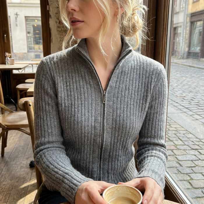 Women Pure Cashmere Knitted Cardigan – Korean Style Slim Fit Half Turtleneck Zip-Up Sweater