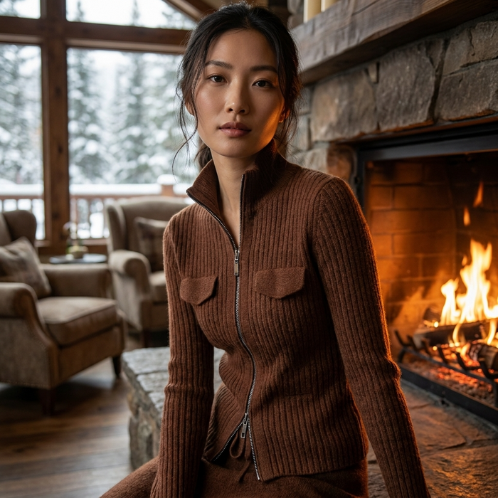 Women Pure Cashmere Knitted Cardigan – Korean Style Slim Fit Half Turtleneck Zip-Up Sweater